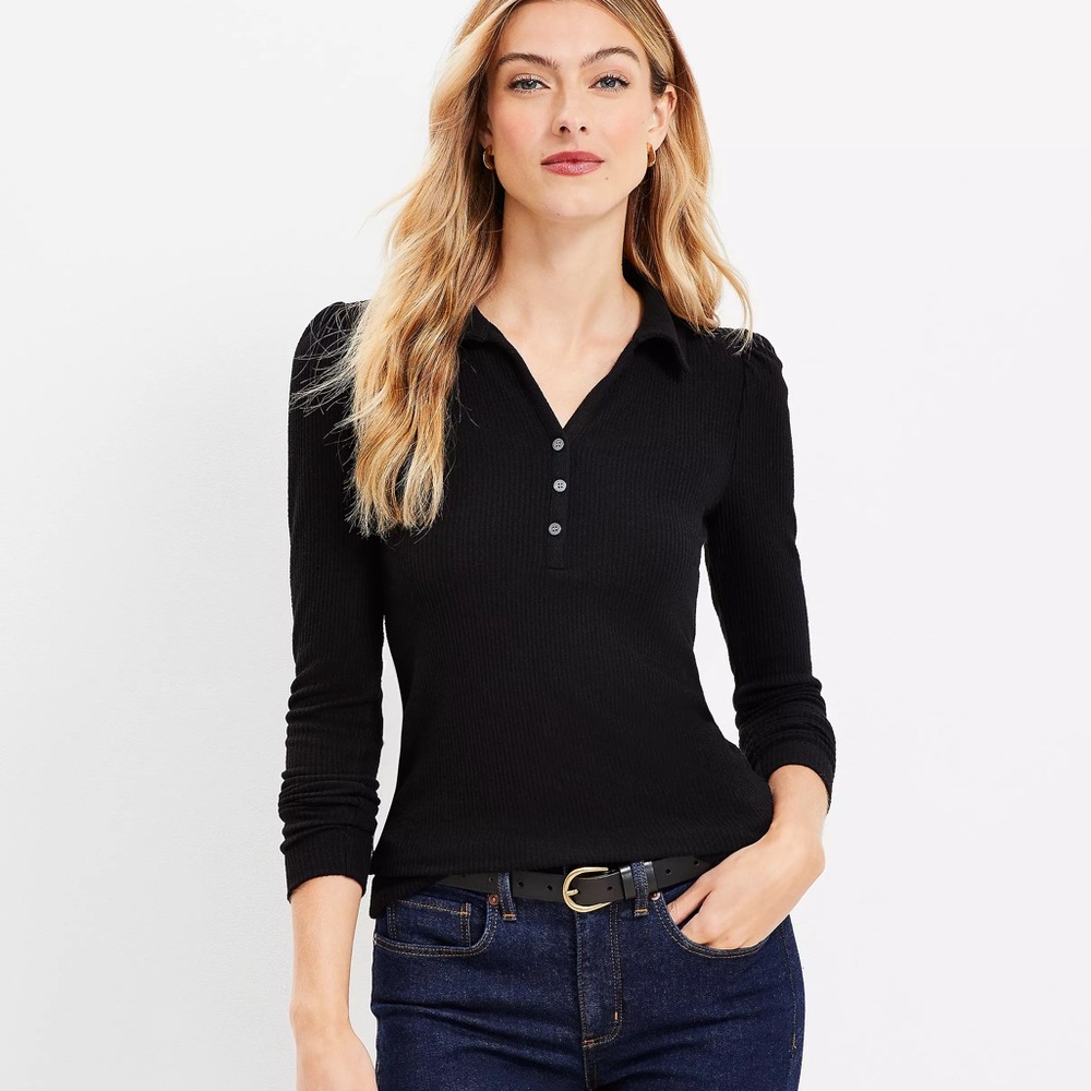 Loft Black Ribbed Puff Sleeve Polo Top